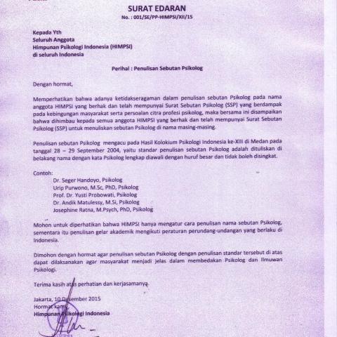 SURAT EDARAN HIMPSI Perihal: Sebutan Psikolog