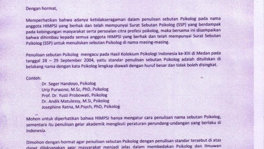 SURAT EDARAN HIMPSI Perihal: Sebutan Psikolog