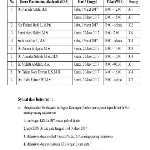 JADWAL BIMBINGAN KRS KAMPUS I PROGRAM STUDI PSIKOLOGI SEMESTER GENAP 2016/2017