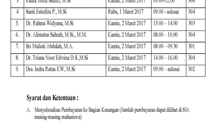 JADWAL BIMBINGAN KRS KAMPUS I PROGRAM STUDI PSIKOLOGI SEMESTER GENAP 2016/2017