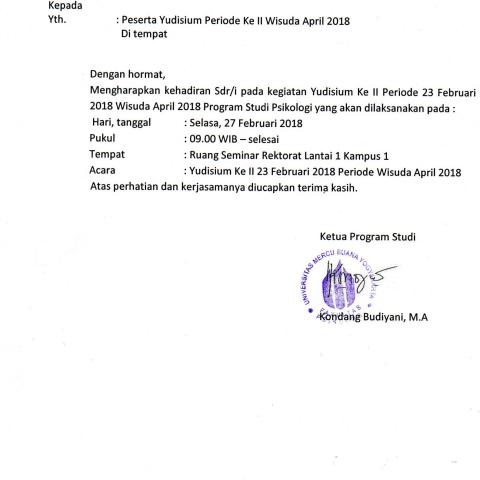 JADWAL YUDISIUM II PERIODE FEBRUARI 2018 PROGRAM STUDI PSIKOLOGI