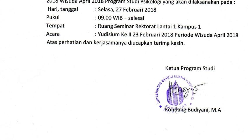 JADWAL YUDISIUM II PERIODE FEBRUARI 2018 PROGRAM STUDI PSIKOLOGI