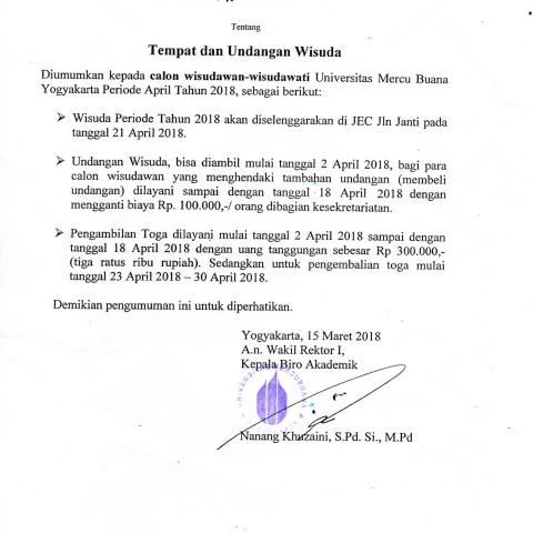 PSIKOLOGI : PENGUMUMAN TEMPAT DAN UNDANGAN WISUDA PERIODE APRIL TAHUN 2018