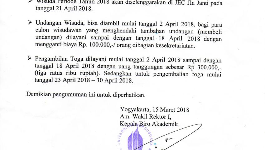 PSIKOLOGI : PENGUMUMAN TEMPAT DAN UNDANGAN WISUDA PERIODE APRIL TAHUN 2018