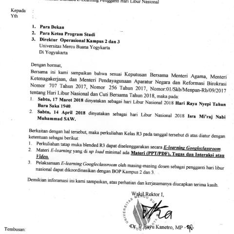 Psikologi Kampus III : Perkuliahan Blended Pengganti Hari Libur Nasional Genap 2017/2018