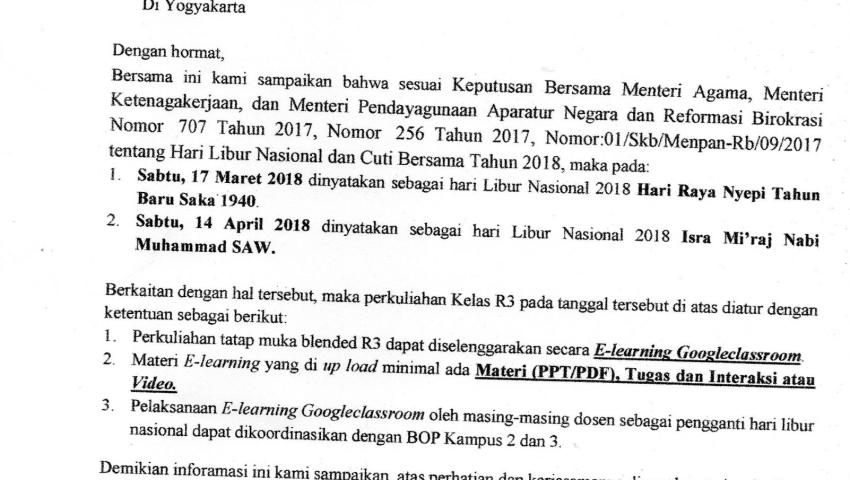 Psikologi Kampus III : Perkuliahan Blended Pengganti Hari Libur Nasional Genap 2017/2018