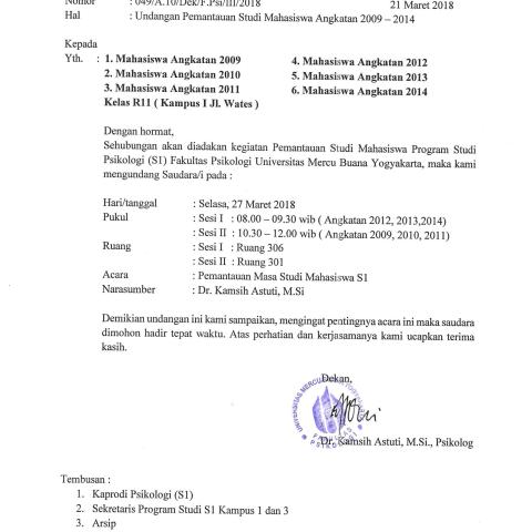 PRODI PSIKOLOGI S1 KAMPUS 1 : UNDANGAN PEMANTAUAN STUDI MAHASISWA ANGKATAN 2009-2014