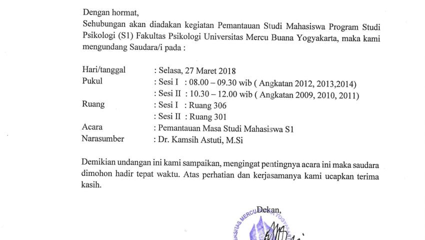 PRODI PSIKOLOGI S1 KAMPUS 1 : UNDANGAN PEMANTAUAN STUDI MAHASISWA ANGKATAN 2009-2014