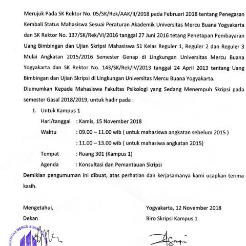 PENGUMUMAN PEMANTAUAN SKRIPSI KAMPUS 1