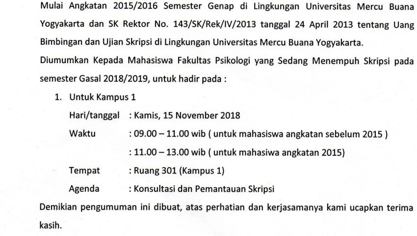 PENGUMUMAN PEMANTAUAN SKRIPSI KAMPUS 1