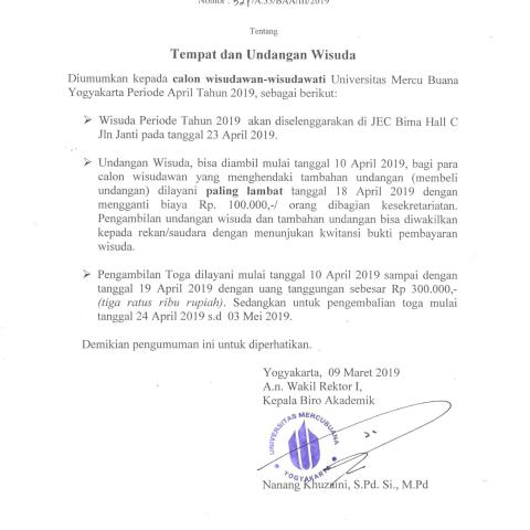 Psikologi: Pengumuman Tempat dan Undangan Wisuda Periode April Tahun 2019