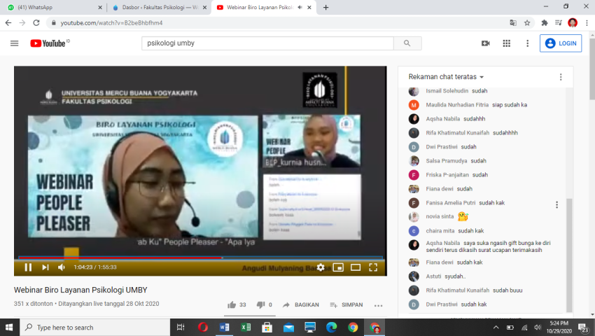 Biro Layanan Psikologi UMBY Selenggarakan Webinar Nasional tentang People Pleaser