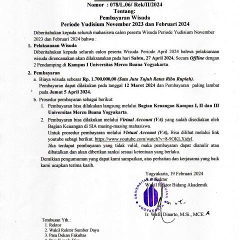 PENGUMUMAN : Pelaksanaan dan Pembayaran Wisuda April 2024