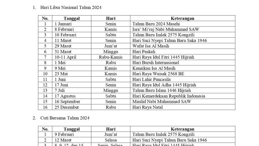 PENGUMUMAN : Libur Nasional dan Cuti Bersama